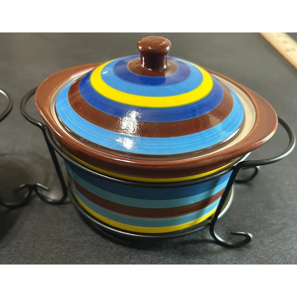 Temptations Mini Casserole Dishes SET/2 Striped Floral Lids & Wire Racks 9 oz‎